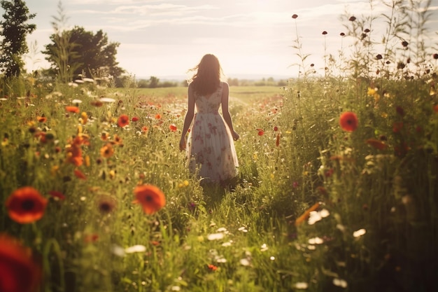 A woman walking through a field of flowers