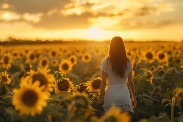 Foto donna che cammina attraverso un campo di girasoli