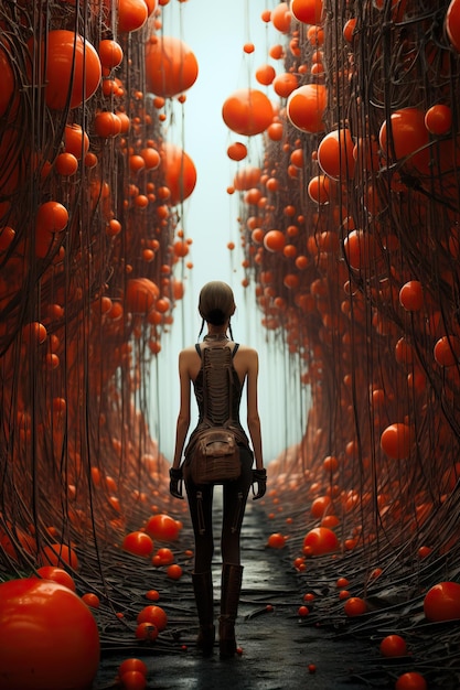 a woman walking through a tunnel of orange balls