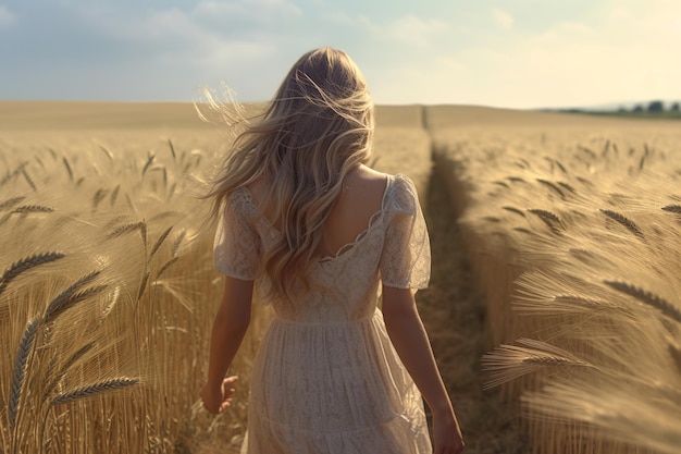 A woman walking through a wheat field