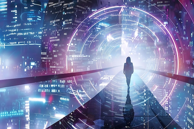 woman walking towards a glowing futuristic portal