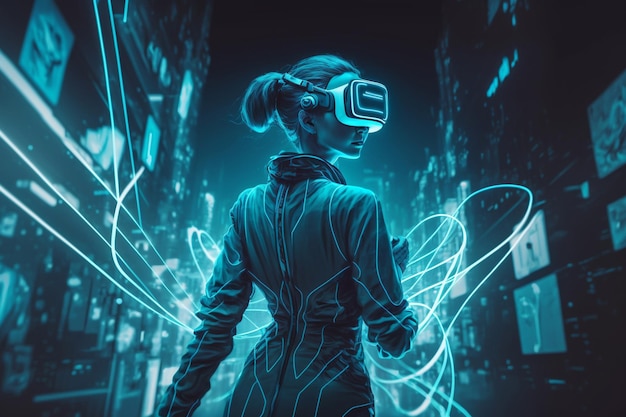 Woman Walking in Virtual Reality Glasses Generative Ai