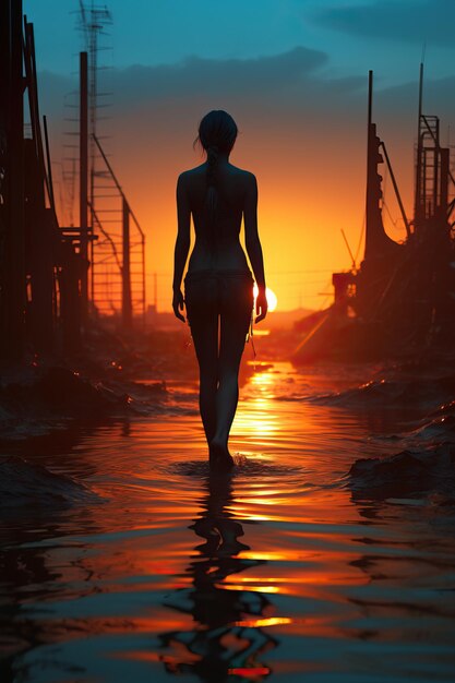 a woman walking in water at sunset