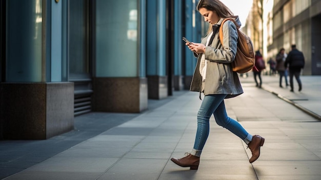 写真 携帯電話を使って歩いている女性