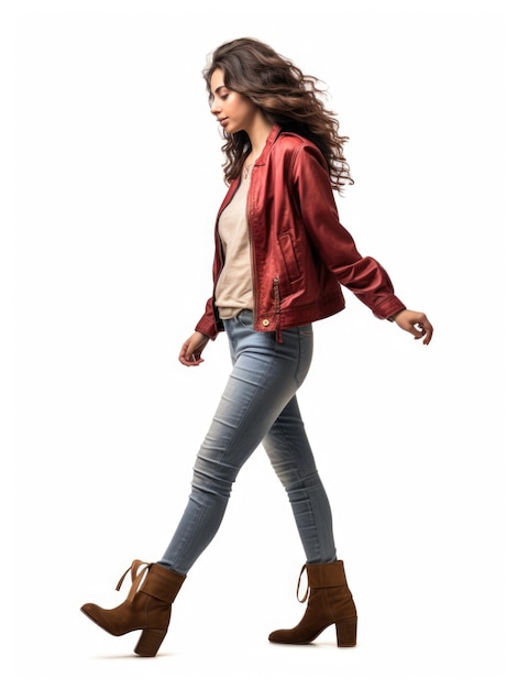 a woman walking in white background