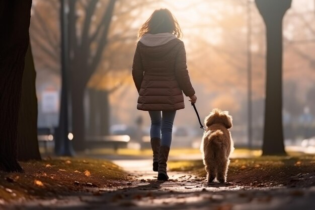 woman walking with dog in the park