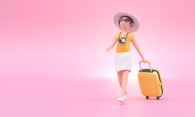 Woman Walking with Luggage 3D Illustration