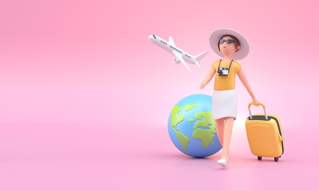 Photo woman walking with luggage 3d illustration