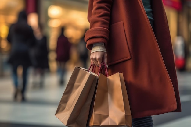 ショッピングバッグで歩く女性