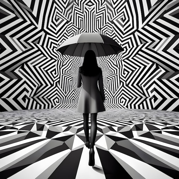 Foto una donna che cammina con un ombrello in bianco e nero nello stile delle strutture geometriche