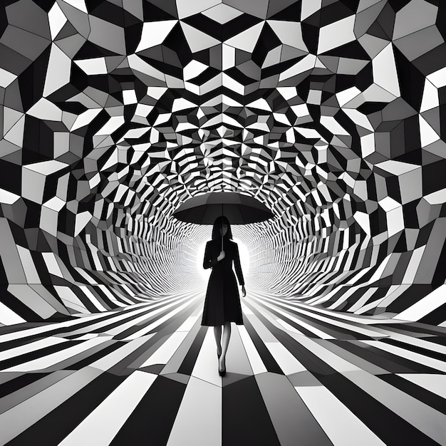 幾何学的な構造のスタイルで黒と白の傘で歩く女性