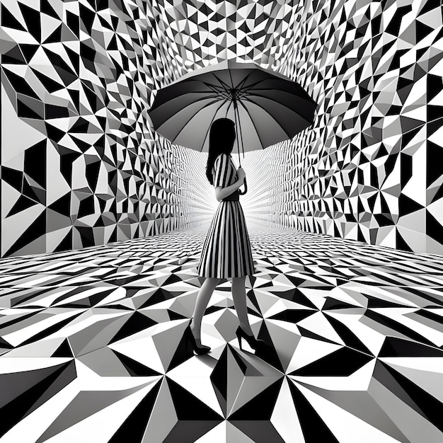 Photo a woman walking with an umbrella in black and white in the style of geometric structures