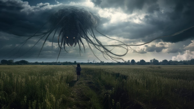 Photo a woman walks across a field with a giant creature on the bottom.