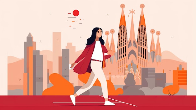 A woman walks across a red carpet in front of a barcelona cathedral.