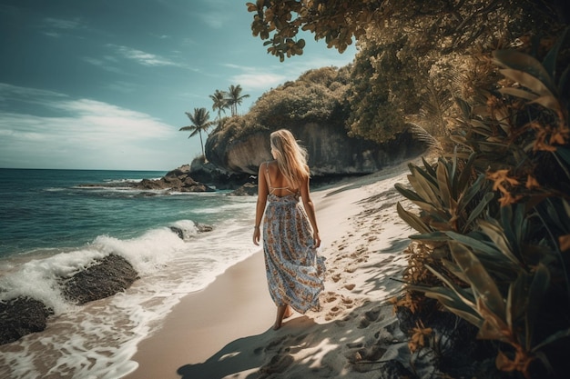 A woman walks along a beach in costa rica