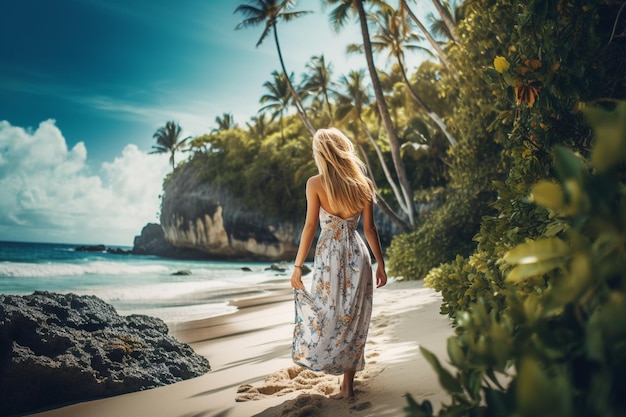 A woman walks along a beach in a floral dress.