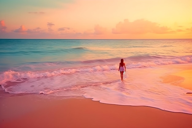 A woman walks along a beach at sunset