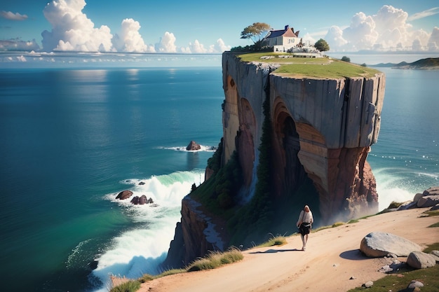 A woman walks along a cliff with a house on the cliff above her.