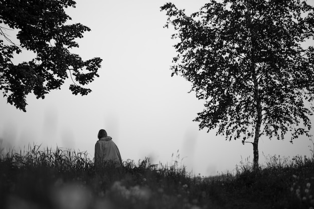 A woman walks away on a path among the grass and birches.