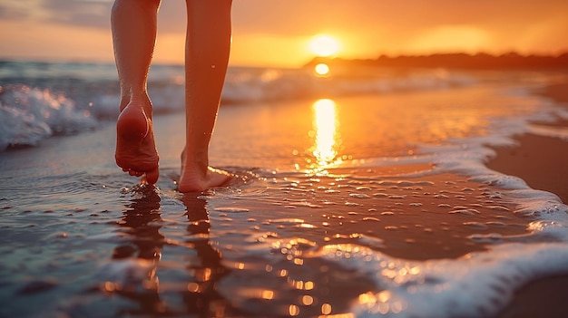 woman walks barefoot on the beach during sunset her back view capturing the serene and tranquil mom