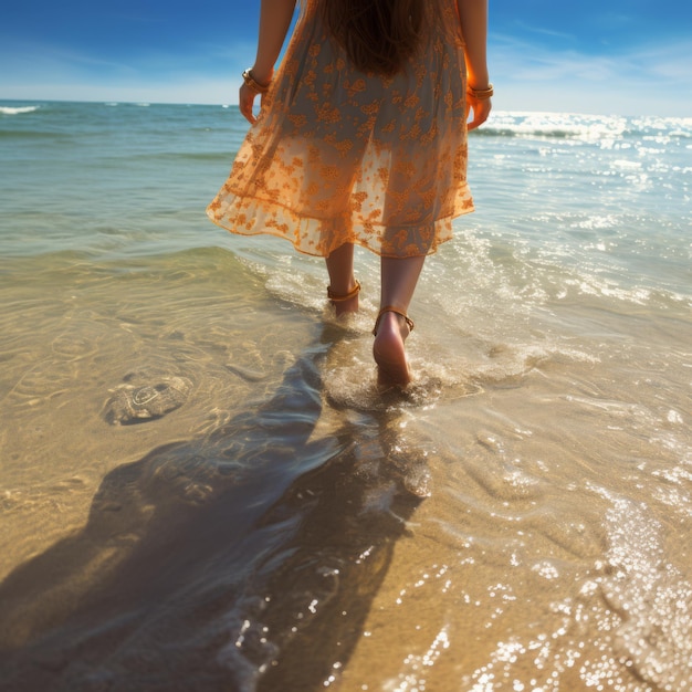 a woman walks on the beach in a dress in the water