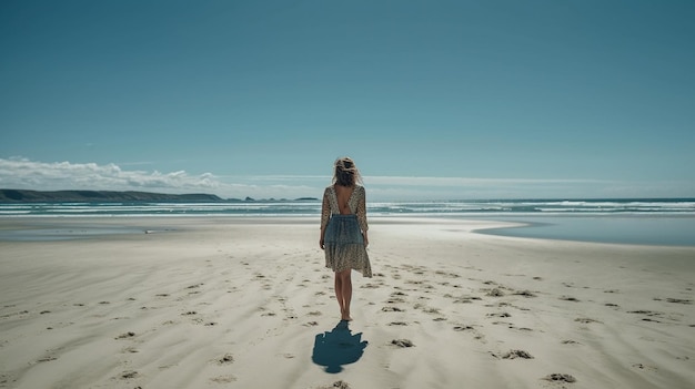 A woman walks on a beach in new zealand