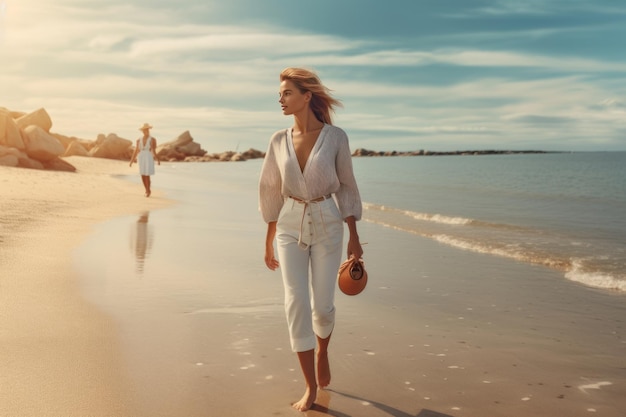 A woman walks on the beach in a white top and pants with a woman wearing a white shirt and pants.