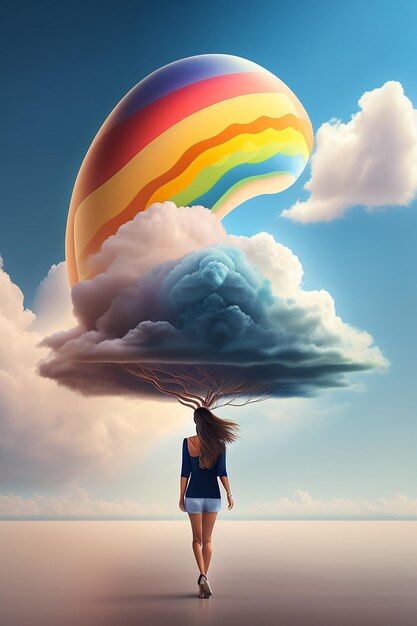 A woman walks on the beach with a rainbow balloon in the sky.