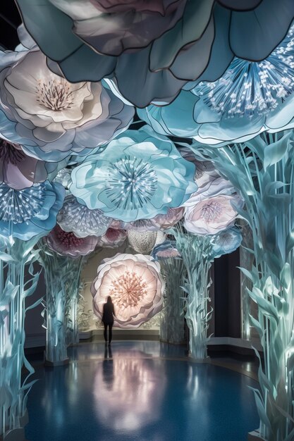 A woman walks under a blue flower installation.