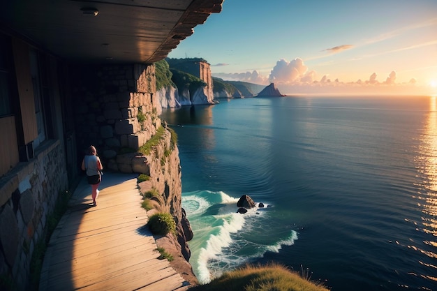 A woman walks under a bridge overlooking the ocean.