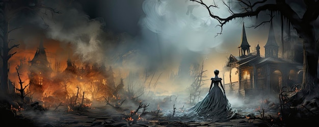 a woman walks in a dark landscape with a silhouette of a man in a dark forest.