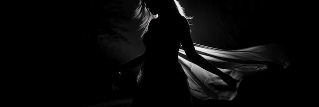 A woman walks in the dark, with her hair blowing in the wind.