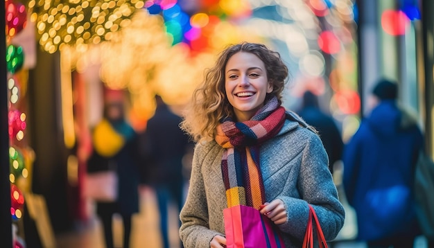 A woman walks down a bustling shopping street in winter season