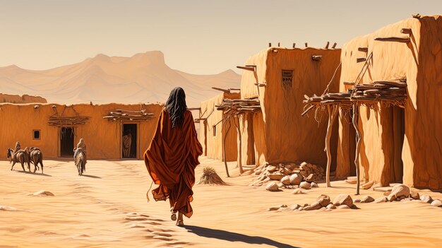 Photo a woman walks down a dirt road in a village