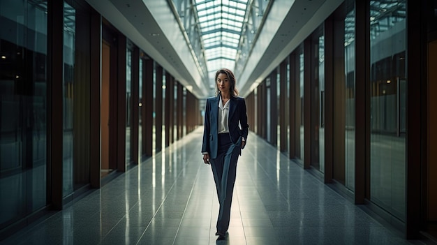 A woman walks down a hallway in a suit