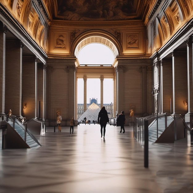 Photo a woman walks down a hallway with a large staircase in the background.