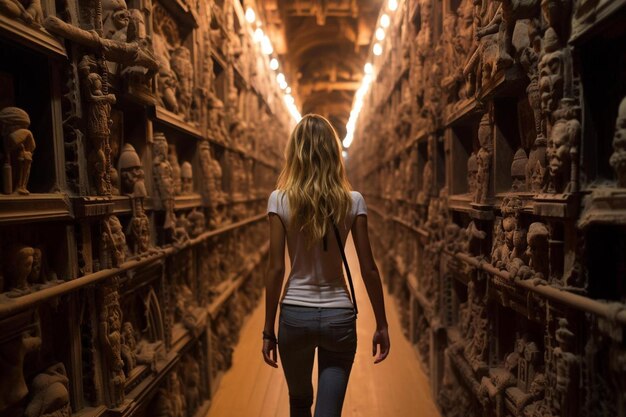 Photo a woman walks down a hallway with a long blonde hair