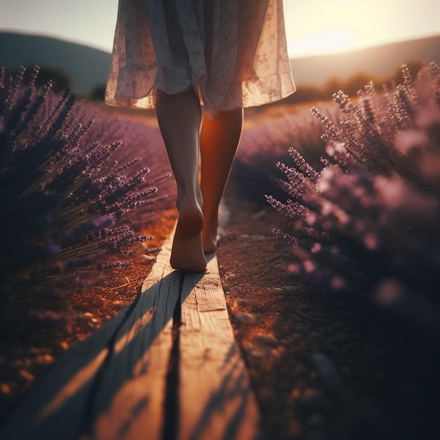 a woman walks down a path in a field of lavender