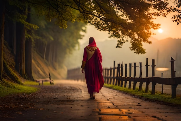 A woman walks down a path in a forest at sunset.