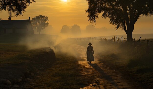 Photo a woman walks down a path in the morning sun