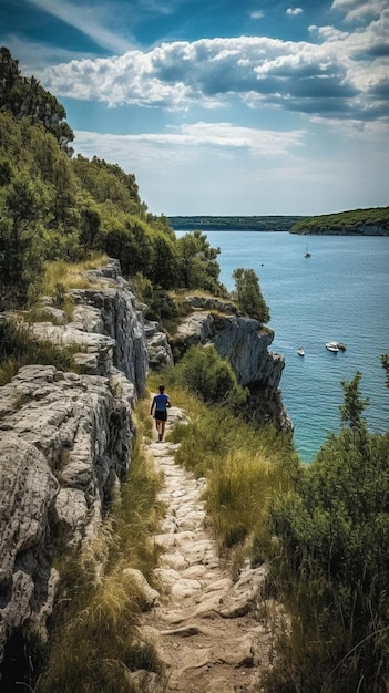 A woman walks down a path with a lake in the background.