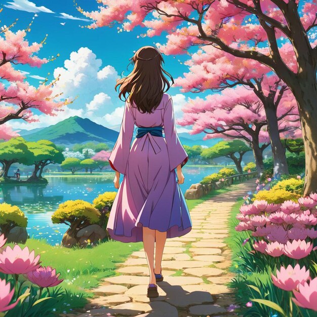 A woman walks down a path with pink flowers in the background