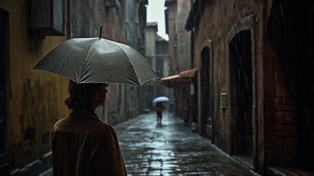 A woman walks down a rainy street with an umbrella in the rain.