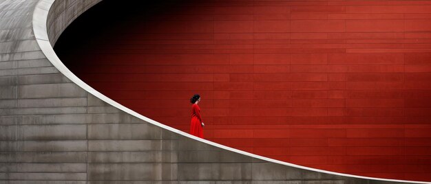 Photo a woman walks down a red stairs in front of a red wall