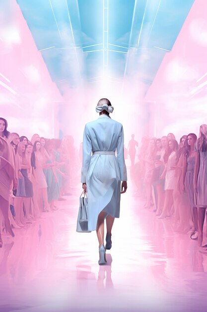 a woman walks down a runway wearing a blue dress with a white bag