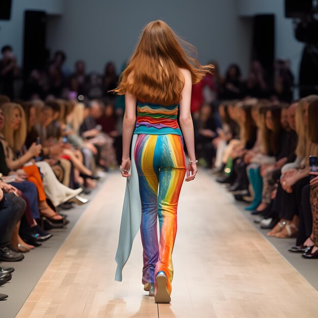 A woman walks down a runway wearing rainbow pants.