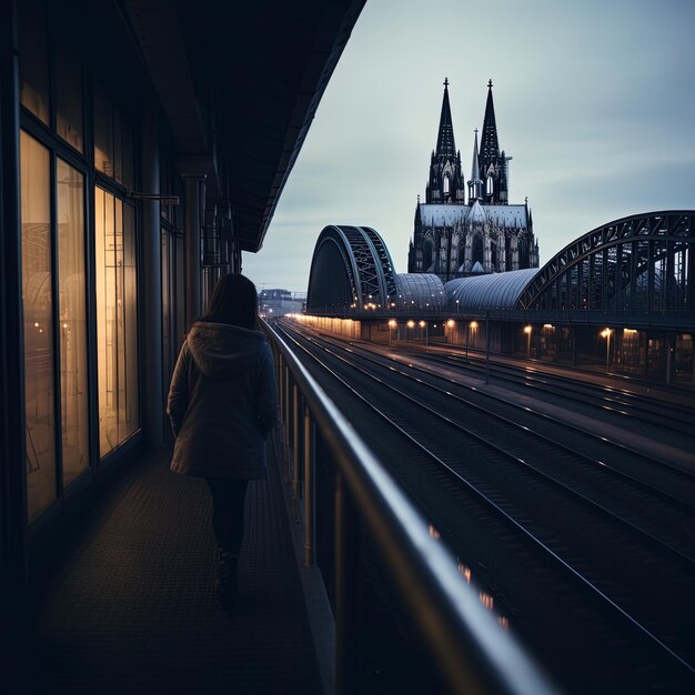 Photo a woman walks down a sidewalk in front of a train station