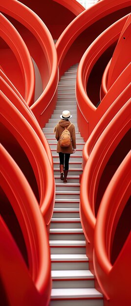 Foto una donna scende una scala con un cappello.