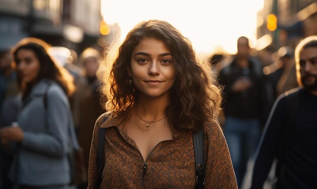 A woman walks down a street in a crowd of people.