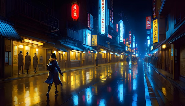 A woman walks down a street in the rain.